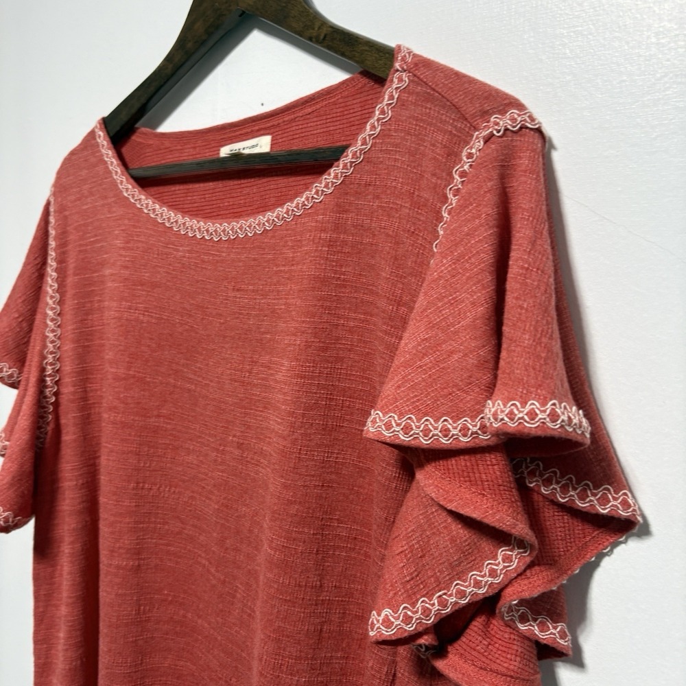 Max Studio Blouse Womens 1X Orange Textured Flutter Sleeve Lightweight Top - Picture 3 of 8